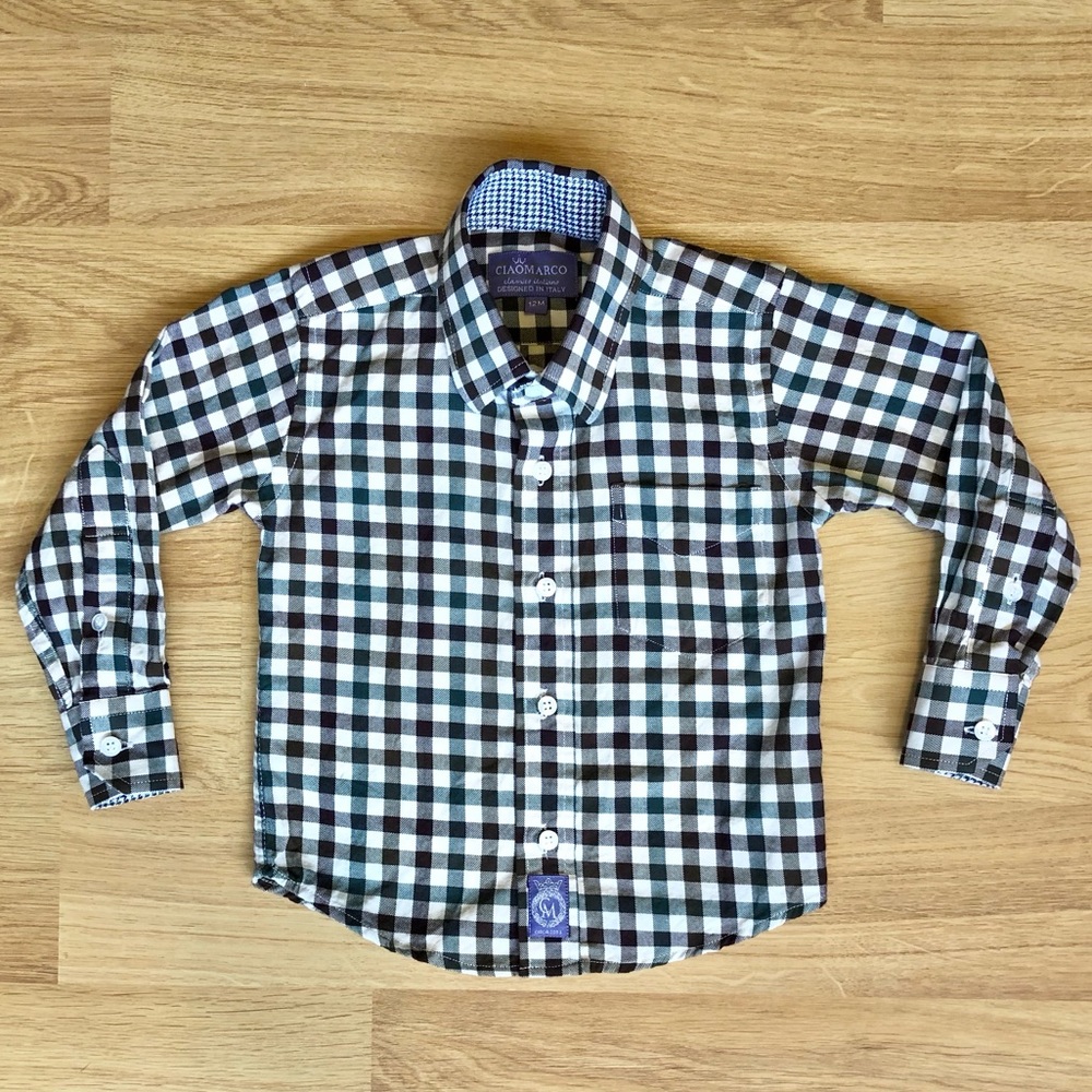EUC Ciao Marco Baby Boy Button Down Collared Shirt-Plaid, Maroon/Green/White